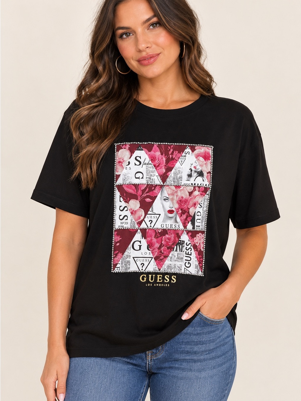GUESS Black Tee with Pink Floral Patchwork Logo